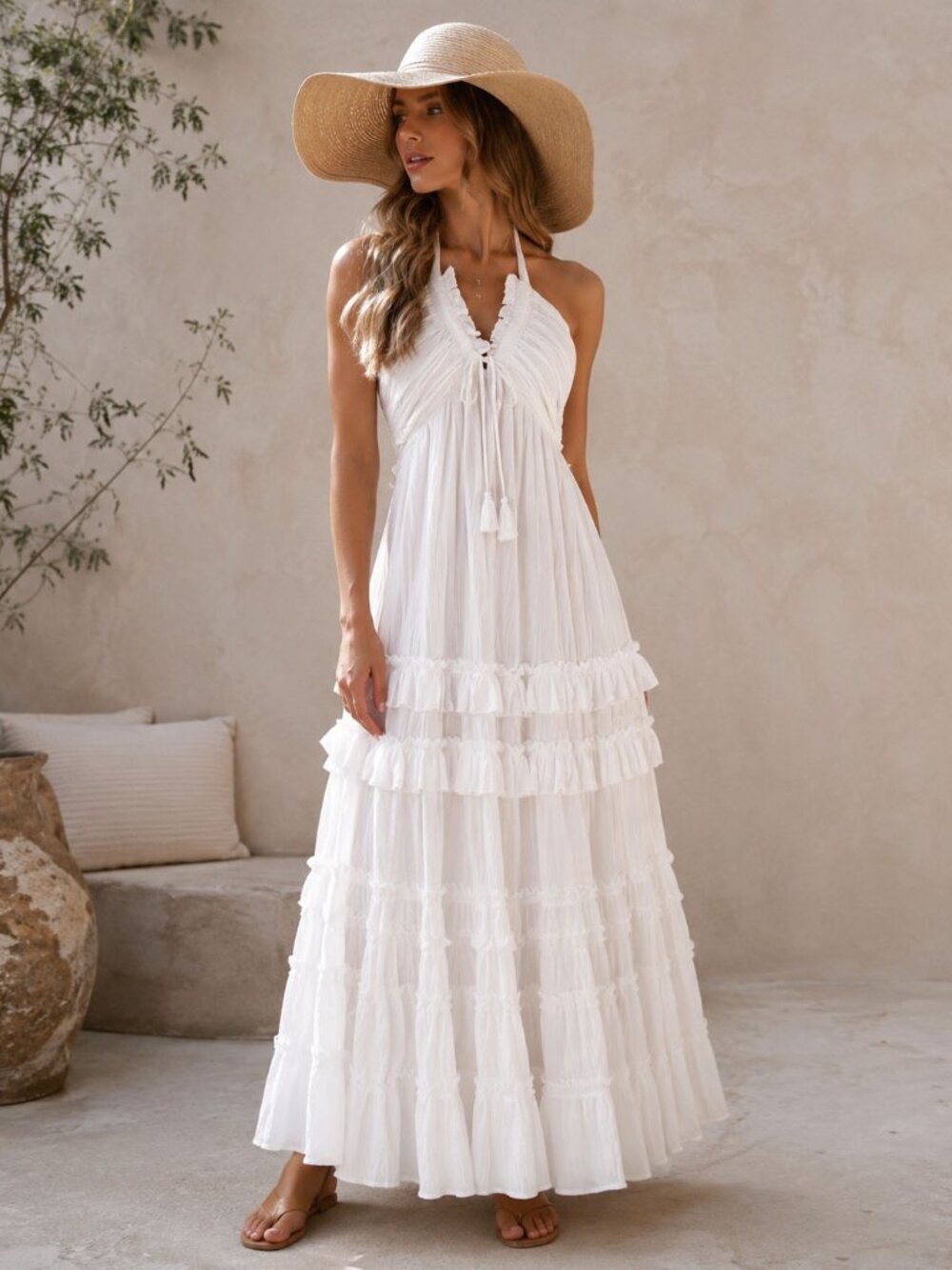 White Ruffle Fringe Boho Womens Bow Summer Sundress Halter Long Maxi Dress S M L